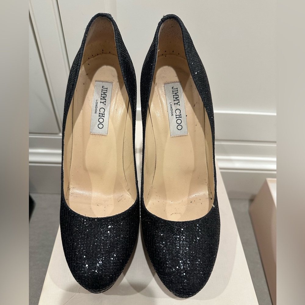 Jimmy Choo Black Glitter Shimmer Platform Heels. Size 38.5 EXCELLENT CONDITION